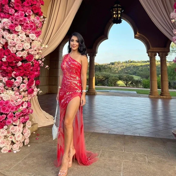 chinese dress ladies Long Sequin Prom Dress with Deep V-Back– PromGirl main image 1